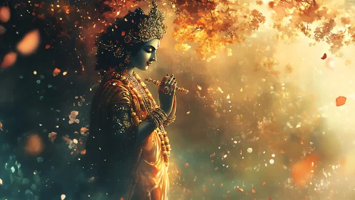 Ornate divine musician in golden autumnal forest light