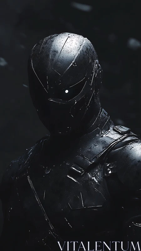 Armored cybernetic vigilante stands in rain-soaked darkness.