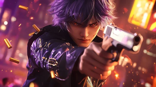 Purple-haired shooter with handgun in neon urban street.