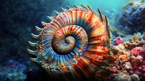 Colorful spiral seashell on vivid coral reef seafloor.