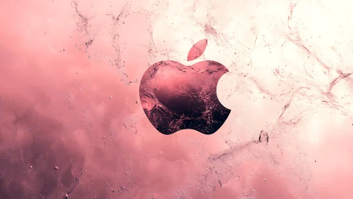 Crystalline apple emblem suspended in turbulent pink fluid field.