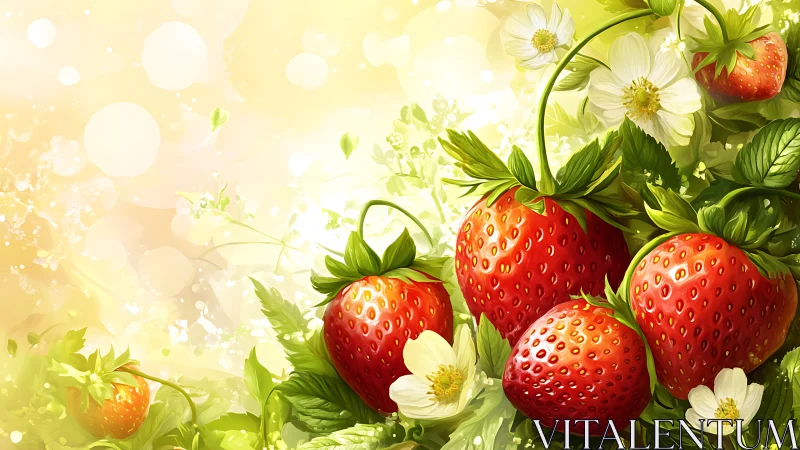 Ripe strawberries with leaves and white blossoms in sunlight.