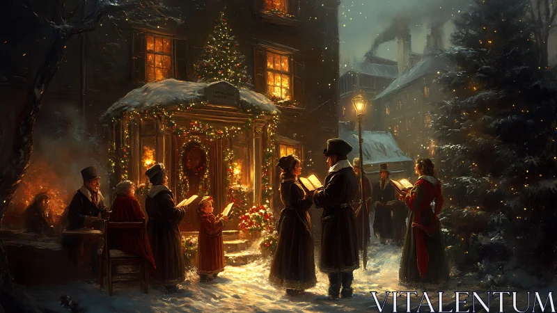 Victorian carolers in lamplit snow before glowing townhouse.