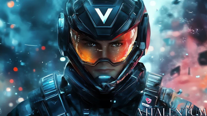 Armored space soldier stares ahead through blazing visor.