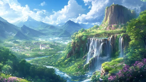 High-altitude cascade valley with terraced village and snow peaks.