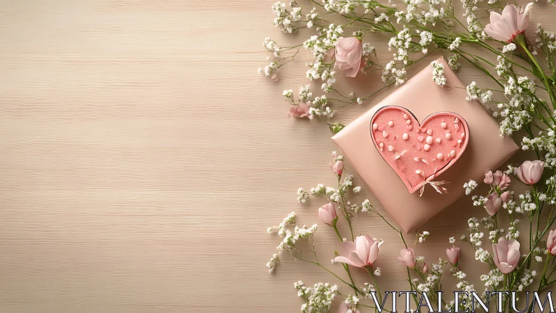 Heart-Shaped Gift Box with Floral Arrangement on Neutral Surface.