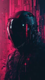 Neon-armored astronaut stands in a glitching digital void.