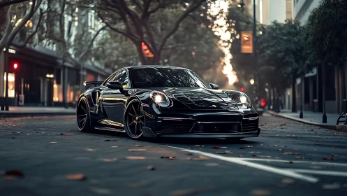 Photorealistic low-angle street portrait of black sports car.