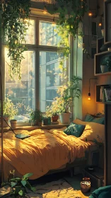 Digital painting of sunlit urban bedroom with lush indoor garden.