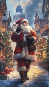 Joyful Santa strolls through a glowing old-town Christmas lane