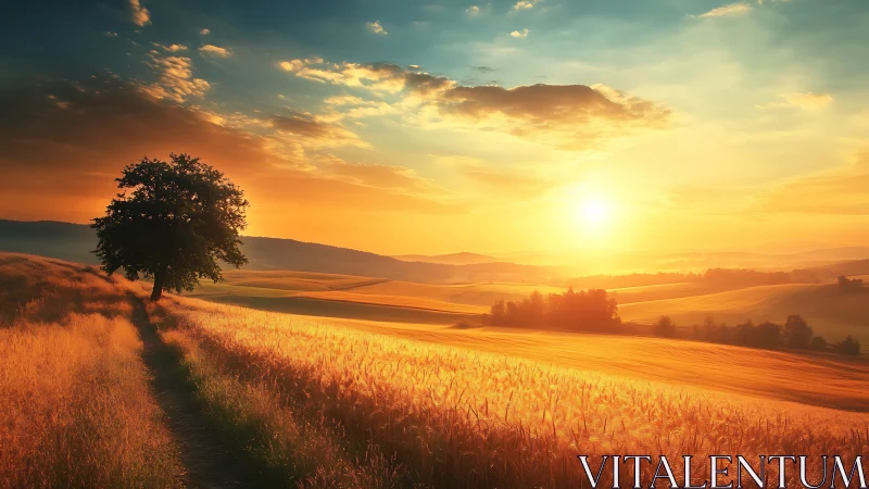 Golden wheat field landscape under vivid sunset light.