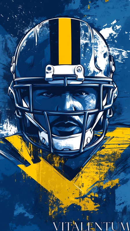 Bold blue and gold football portrait bursting with energy.