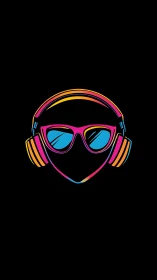 Neon headphones and shades glow warmly against deep black
