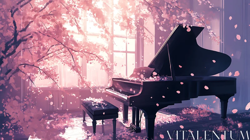 Grand piano under cherry blossoms in soft pink light.