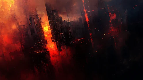 Cybernetic megacity skyline immersed in incendiary inferno glow