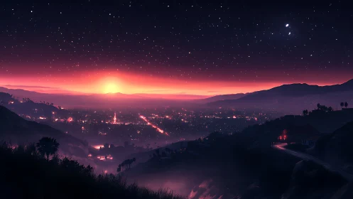 Neon dusk over starlit valley city and winding hillside road.