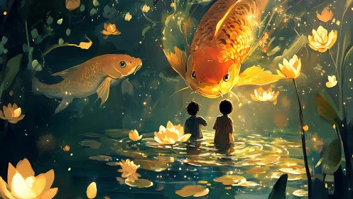 Two children observe oversized koi fish in illuminated pond