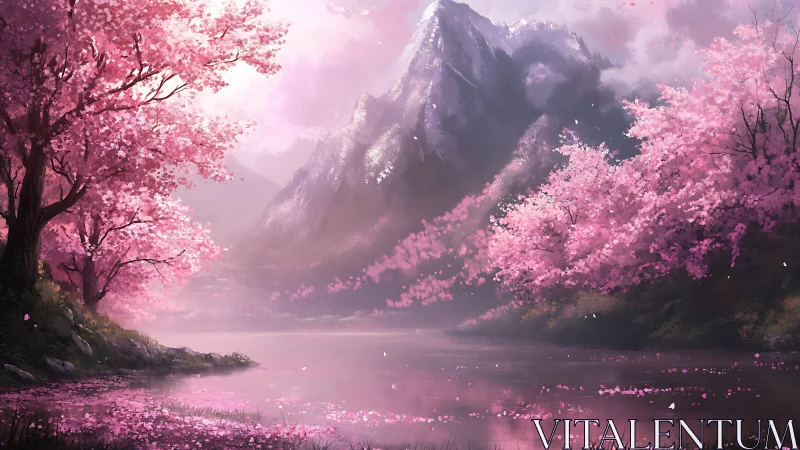 Soft pink spring lake under misty snowcapped peaks.