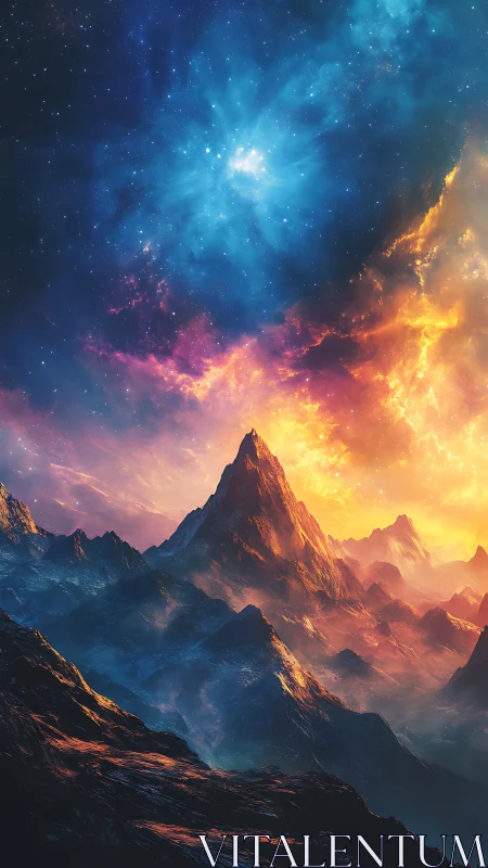 Cosmic mountain ridge under blazing nebula sky.