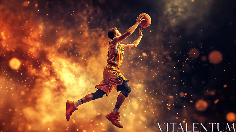 Dynamic basketball jump shot amid fiery bokeh particle field