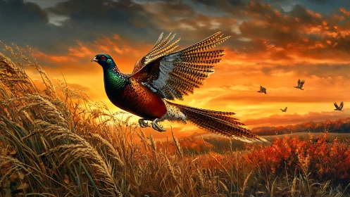 Radiant pheasant rockets skyward through embered harvest dusk.