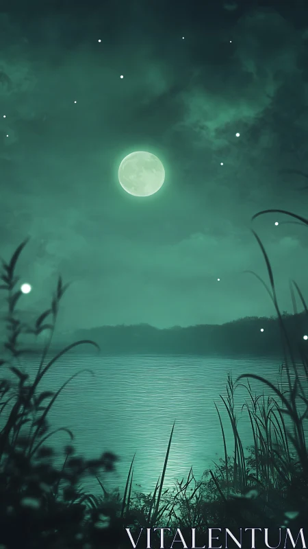 Moonlit lake quietly practices its mint-tinted reflections