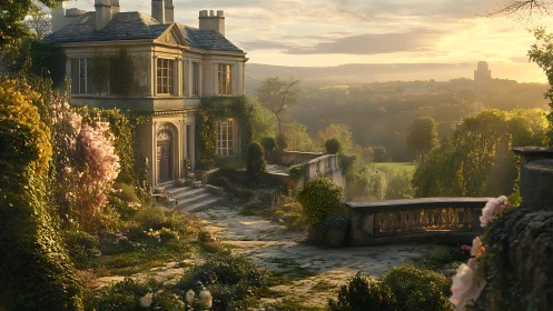 Sunlit country manor with overgrown garden and valley view.