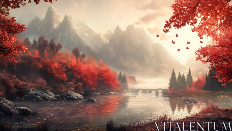 Golden mist drifts over crimson autumn valley and lake.