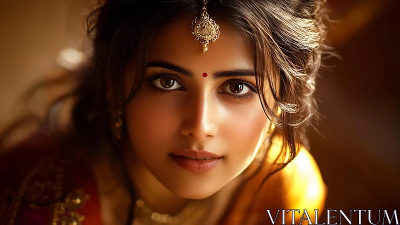 Woman in traditional attire with bindi and head ornament.