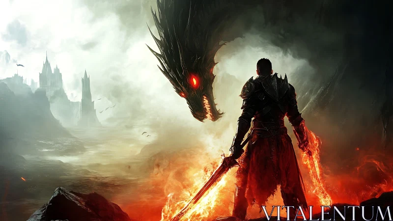 Armored warrior facing large dragon in fiery wasteland.