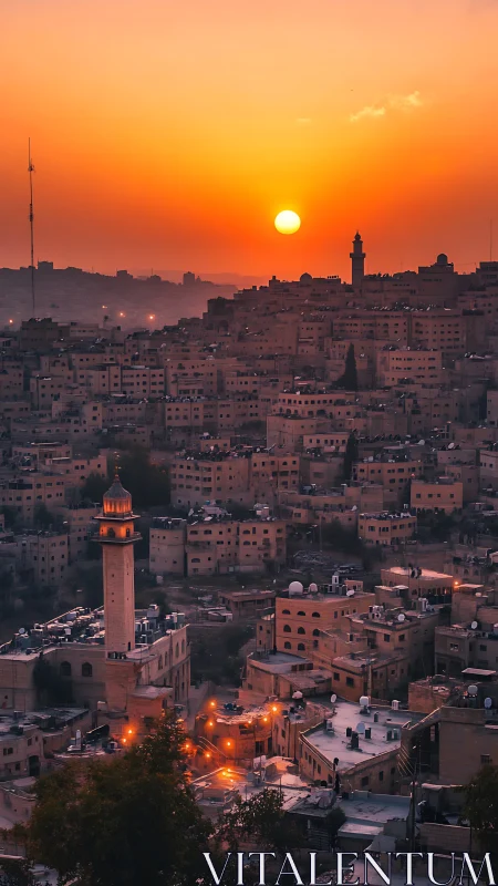 Dense hillside cityscape with minarets under high-contrast sunset