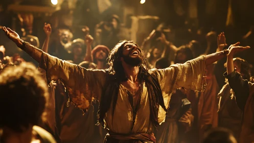 Joyful robed figure celebrating amid a glowing gathered crowd.