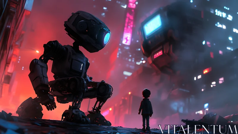 Curious child meets gentle robot in a neon city night