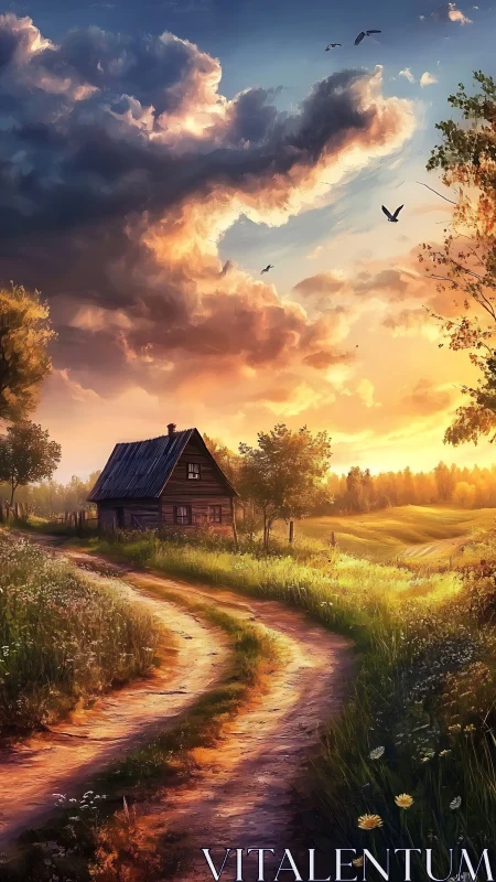Sunlit country cottage under dramatic volumetric sunset clouds