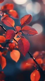 Crimson autumn leaves with raindrops in shallow bokeh field.