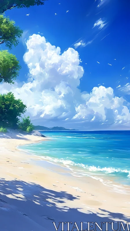 Tropical Beach Paradise with Billowed Clouds.
