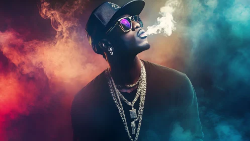 Hip-hop portrait with neon smoke, reflective shades, heavy chains.