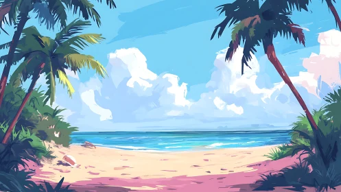 Tropical Beach Seascape with Palm Trees and Clouds