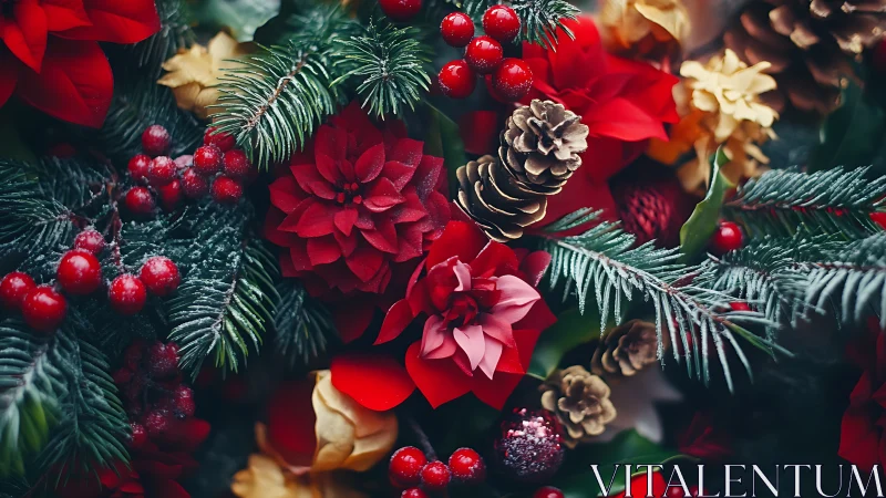 Christmas foliage arrangement with berries and pinecones.