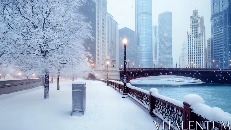 Snow-laden riverside promenade with steel bridge and skyline