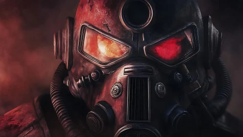 Post-apocalyptic respirator helm with irradiated visor optics.