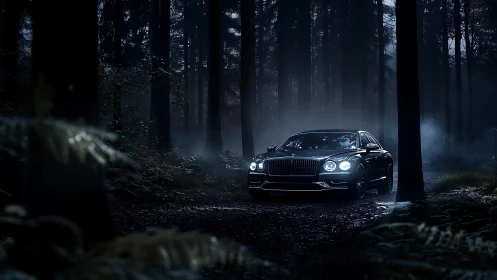 Luxury sedan with headlights on in dark forest setting.