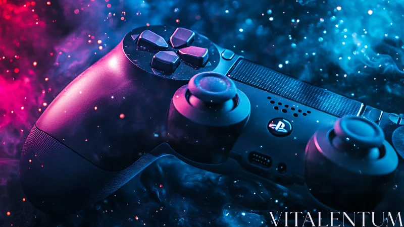 Game controller rests in glowing pink and blue neon haze