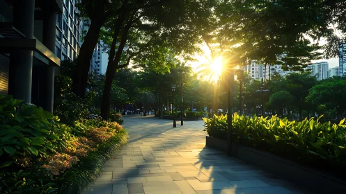 Sunlit urban promenade framed by lush green foliage.