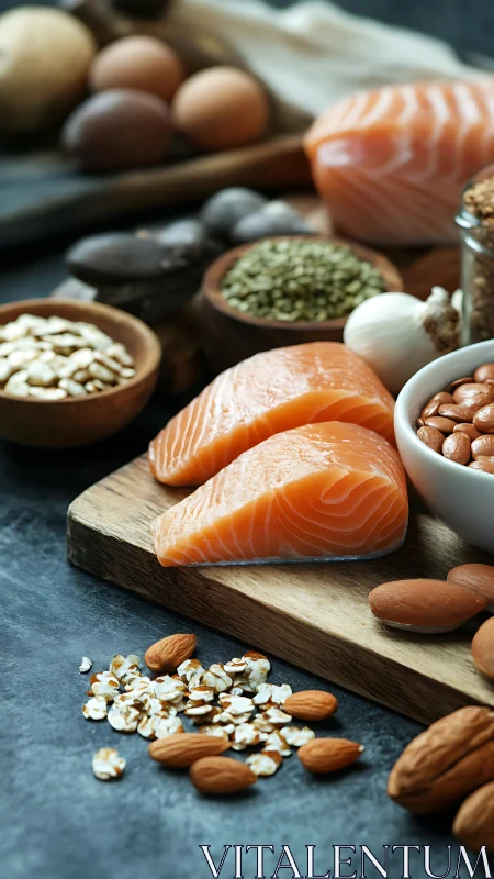 Cozy kitchen spread with salmon, nuts, and wholesome grains.