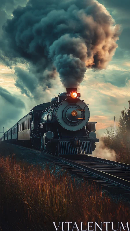 Steam engine at dusk rolling toward a glowing horizon.