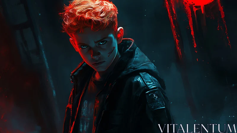 Red haired boy in dark jacket glares in neon lit alley