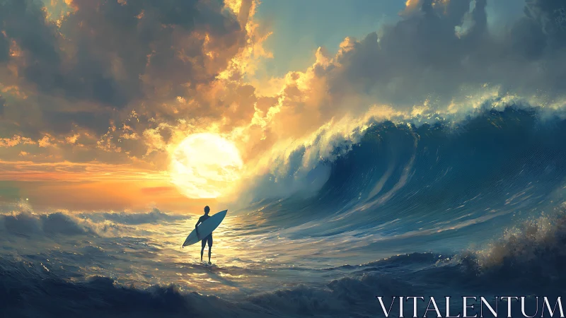 Backlit surfer studies towering translucent wave under radiant sun