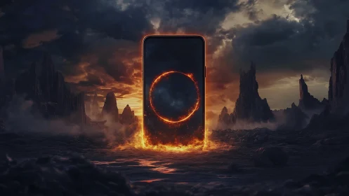 Flaming portal smartphone dominates volcanic wasteland sky.