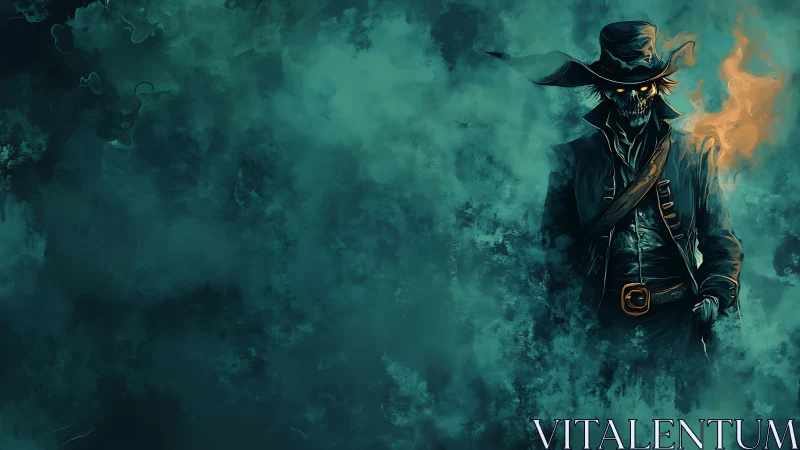 Grim gunslinger specter emerging through cyan mist.